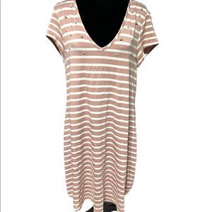Striped Stretch Dress Blush and White Striped W/Pearl Accent
